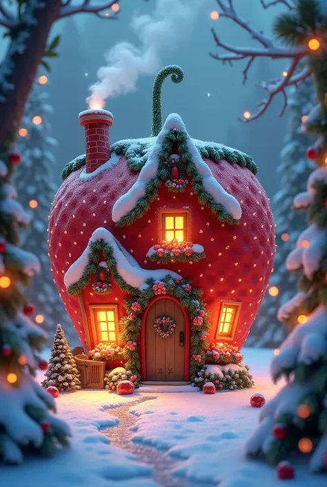 " A beautiful strawberry house in a magical Christmas setting ,  covered in sparkling snow and decorated with sparkling festive lights .  Enchanting details include a chimney blasting smoke,  garlands made of leaves and berries ,  and small snowflakes gent...