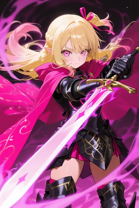 A cute half-elf lady, She has short bright blonde hair and pink tips, pink eyes. ribbon tied This is a detailed and beautifully drawn illustration of a character in armor. The character wears sexy white and black armor with sword, and a large pink cloak. T...