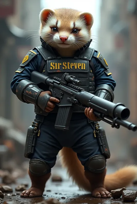 a fierce ferret holding an rpg launcher with a police armor that says sir steven on his shirt