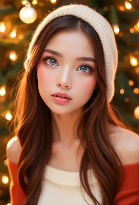 A room decorated for Christmas、Detailed portrait of blue-eyed teenage girl with thick eyelashes ,  hyper detail  ,  photorealistic,  perfect face, Front View, Light blue eyes that are clear like glass、 long brown hair 、Thick eyelashes , Shiny and thick lip...