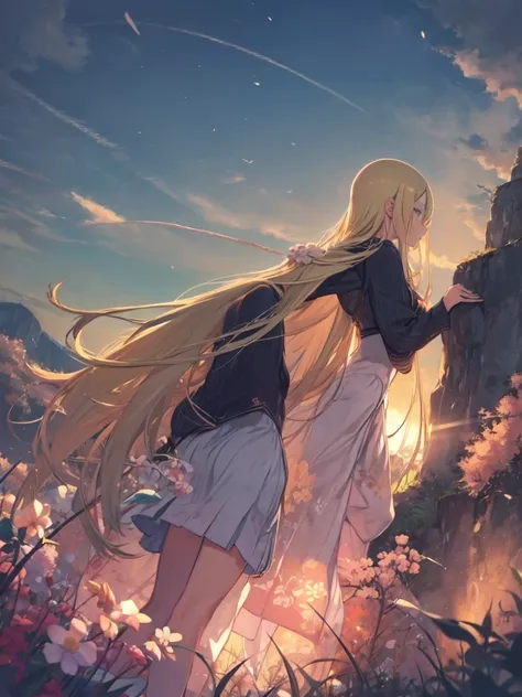  In the colorful grassland, At night、 blond hair、hair between eyes、 long hair、Pay attention to the butt、