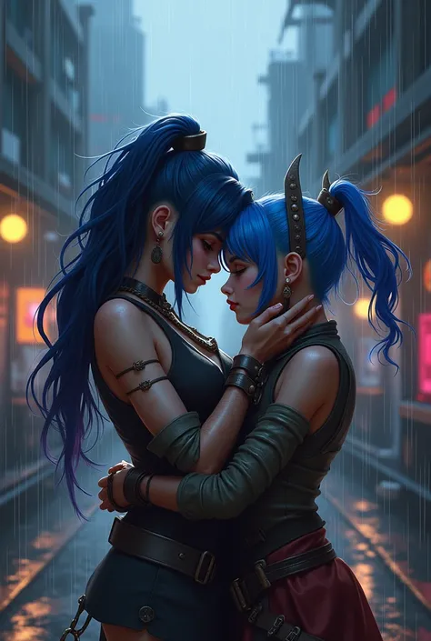 Jinx and Isha cuddling in a rain in Zaun 