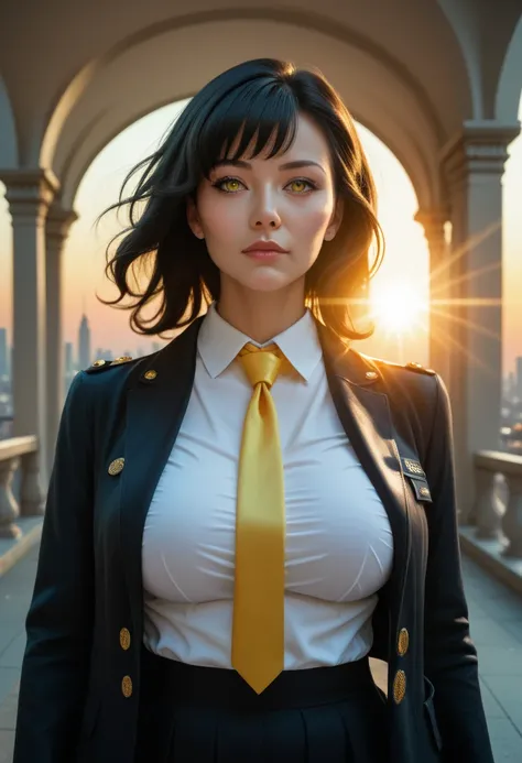 1girl, intricate detail, masterpiece, best quality, extremly detailed,cinematic lighting, beautiful detailed glow, finely detailed beautiful face and eyes, 8k, dark intense shadows, yellow eyes, medium hair, black hair, bangs, floating hair, black jacket, ...