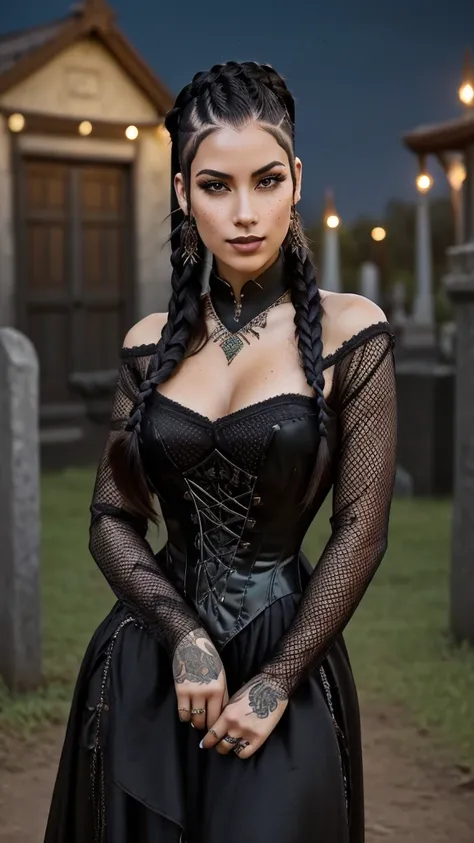 A Mongolian Latin American biracial woman with tall body and feminine curves. The woman has a long braided hairstyle with shaved sides on her head ((Undercut)). The woman is wearing a Gothic corset dress. The color of her clothing is black with yellow acce...