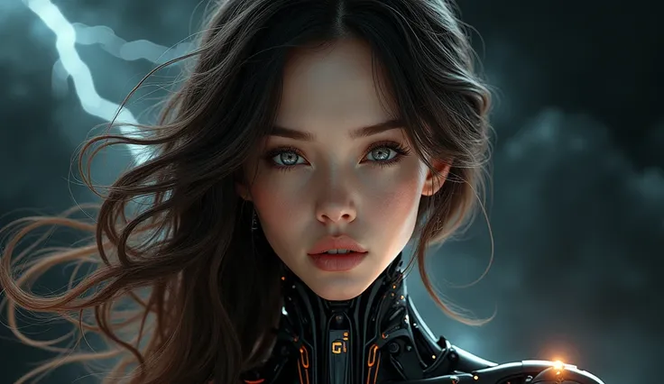 Sublime epic cinematic front view. ultra detailed,  the most beautiful brunette woman, female robot cyborg, front view portrait hyper realistic cyborg fluid ornate details intense female moving eyes, moving complex tubes, computer symbols, energy lines, hy...