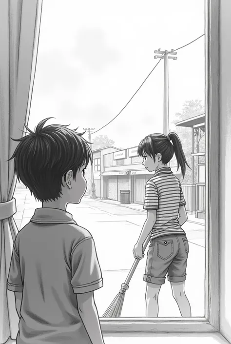  generates a black and white pencil drawing of a boy looking out the window onto the street, a striped polo girl sweeping the stands 