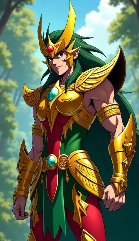 Imagine a character from the Saint Seiya cartoon, with armor and clothes in the colors of the flag and elements inspired by Suriname. Anime style from the Saint Seiya series.