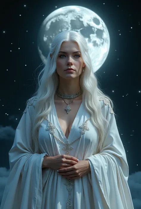 Moon Goddess　 The background is an amazing starless night　Face is clearly visible　Celtic white attire 