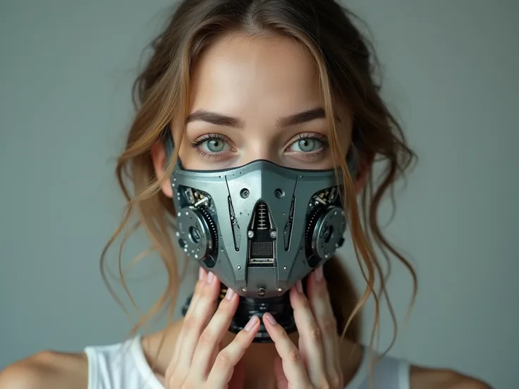 A young, light-skinned woman is depicted from the mid-chest up.  Her expression is serene and slightly pensive, with her eyes looking directly at the viewer.  A mechanical mask, composed of various metallic gray, silver, and teal components, replaces the u...