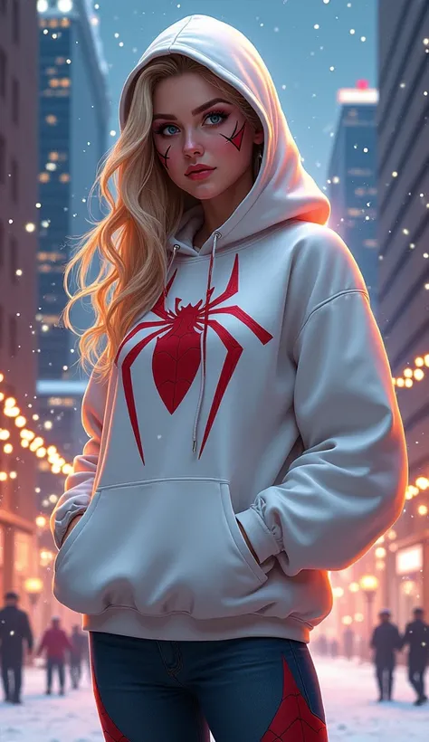 Spider Gwen Stacy in a white sweatshirt and Jordan 4s, masterpiece, illustration, with the name "KIMBERLY", Best quality, High details, High quality, Very detailed, Christmas city, 3D