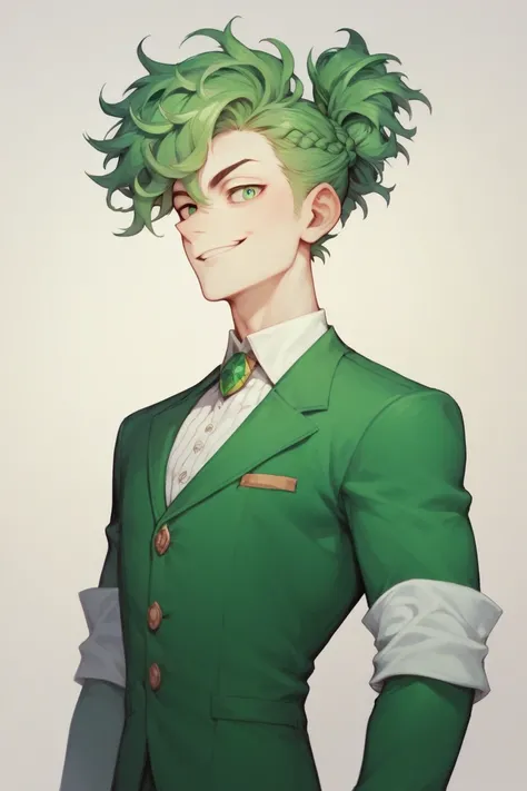 anime guy, handsome, sharp shapes, tall build, pale skin, relaxed look, light smile, green disheveled hair braided in a short ponytail, plant magician, neat clothes, beautiful drawing, sharp eyes, sharp triangular face, cartoon style