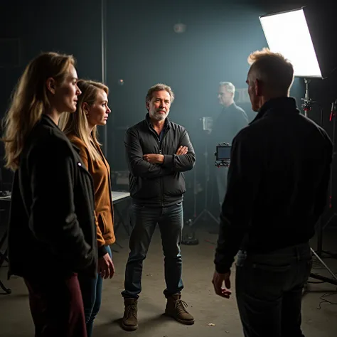 Create an image of a movie director in action, 30 years,  with three actors ,  two women and a man ,  in a movie studio .  realistic image and real human proportions.  High resolution and photographic quality . 
