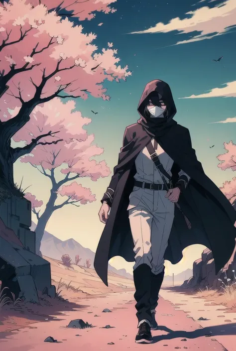  A young man of average height with a battered and broken black coat,  his body gives off a pink and dark aura, The cloak covers his face .

 In the background he is walking in a desert , made of ashes and there is a dry, white tree ,  the sky is white and...