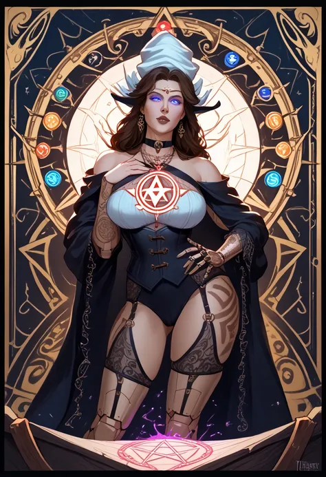 create a scene that depicts a modern-day witch who has embraced the world of cybernetics to enhance her magical abilities. The artwork should convey the enchanting blend of traditional witchcraft and futuristic technology. Here are some specific elements t...