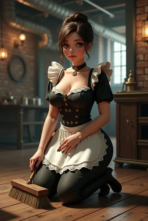 beautiful chubby brunette woman, steampunk maid, cleaning floors