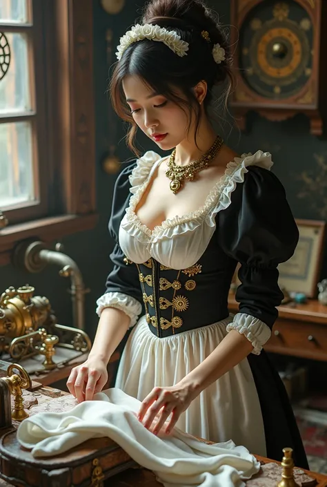 beautiful asian woman, steampunk maid, folding clothes