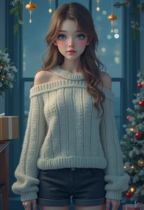 A room decorated for Christmas、Detailed portrait of blue-eyed teenage girl with thick eyelashes ,  hyper detail  ,  photorealistic,  perfect face, Front View, Light blue eyes that are clear like glass、 long brown hair 、Thick eyelashes , Shiny and thick lip...