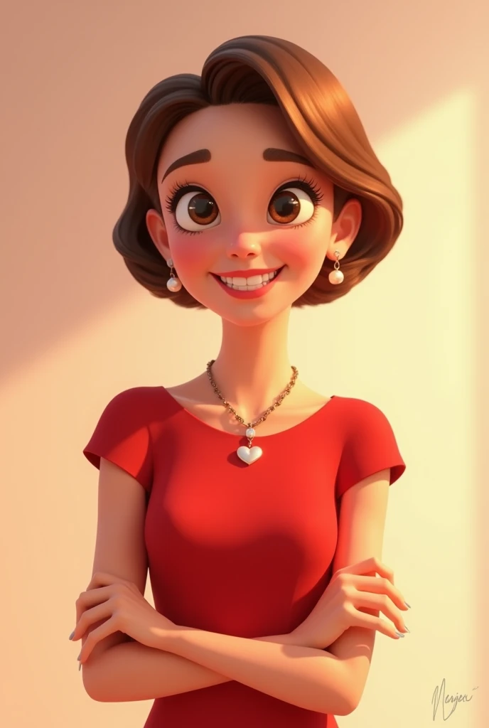 a smiling woman,  With short hair,  Light Brown, well combed.  She wears a simple red dress .   She wears a necklace with a heart-shaped pendant and pearl earrings,  complementing her sophisticated and delicate look . conveying a sense of lightness Her exp...