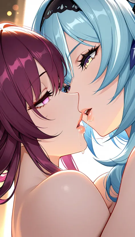 Eula , genshin impact, kafka, honkai star rail,hugging each other, extremely detailed faces, beautiful eyes, beautiful lips, long eyelashes, detailed facial features, masterpiece, best quality, 4k, 8k, highres, ultra-detailed, HDR, UHD, studio lighting, ul...