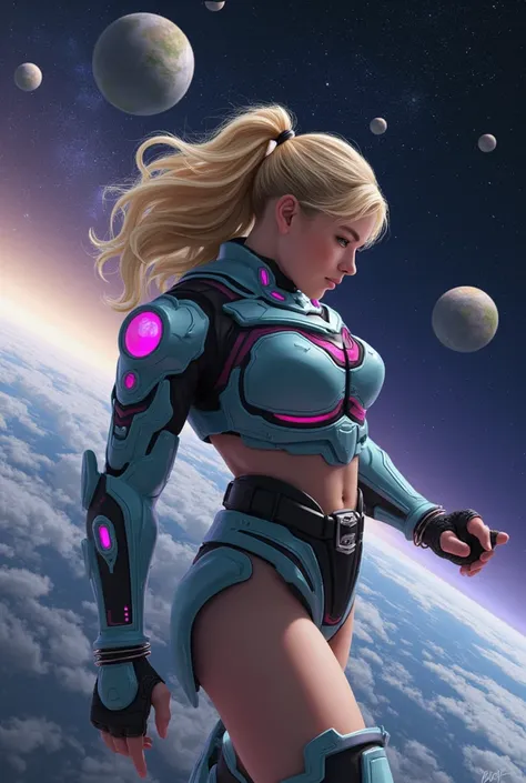 Milly Alcock,blonde hair,futuristic space combat armor