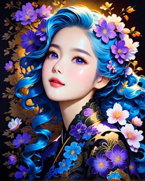 "A dazzling young woman ,  with soft waves of sky-blue hair . Her dress,  richly adorned with intricate designs in black and violet Chinese ink,  envelops her figure with an air of elegance .  The light plays in her vibrant eyes , filled with a unique spar...