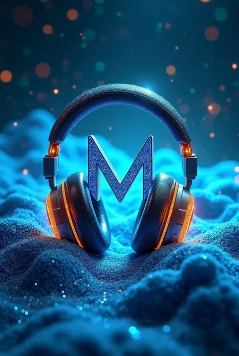 glittery light blue  texture and gold accents
an m  logo that is shaped like headphones 