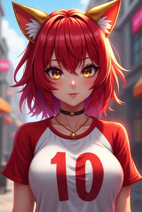 Neck length red hair woman with bangs, Gold Cat Ears ,  number 10 white and red t-shirt, personagem de Free Fire, light brown eyes.