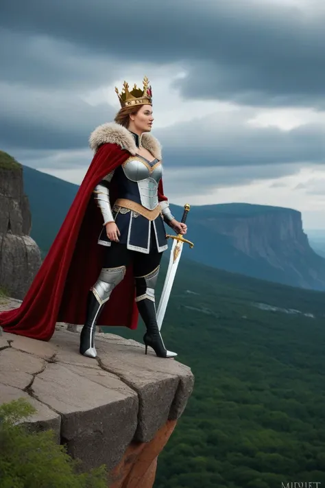 " The mighty Viking Queen Lagerth ,  x} dressed in rich armor with Scandinavian carvings,  standing on a cliff overlooking the raging sea . She is wearing a fur cape ,  a golden crown with dragon motifs ,  a sword with a carved handle in her hand ,  and be...