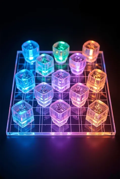 material:  Clear acrylic pieces ,  possibly with light translucent details that resemble glass .

 lighting :  Vibrant neon colors ,  with a gradient that changes subtly through the pieces and contours .  The main colors in the photo are shades of blue , g...