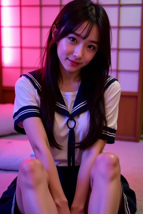 (  Japanese 18 year old high school girl  ))　((  sexy body line  ))　saggy breasts、((Female idol-like face from the 80s  ))　((Brown Hair))　((  stare at the camera ))　 Seated legs 　((  sailor suit ))　  low angle shot of a figure standing facing the front  　 ...