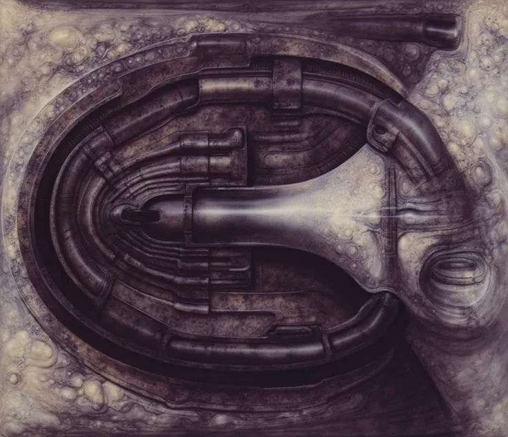 H. R. Gigers g1g3r, , The image  is a classic piece of biomechanical art by H.R. Giger. , , (Triadic:1.1), (Proportion:1.1),  , (Reflected light:1.2), Parchment, ultra detailed, intricate,, dry b (best quality:1.4), H.R. GIGER,  BY GIGER