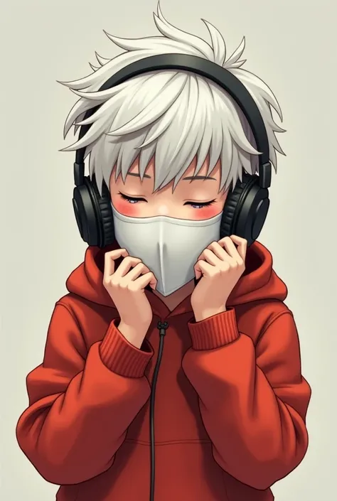 A boy wearing headphone,her hair colour is white and wearing a white mask,hes hudi colour is red 