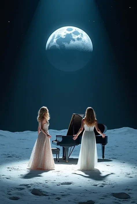  play Taylor Swift ,  a blonde and a brunette singing at a concert on the moon, On a piano 