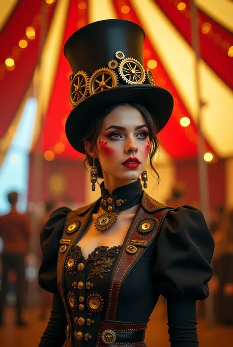 olive-skinned woman, steampunk, clown makeup, top hat with gears, in circus tent