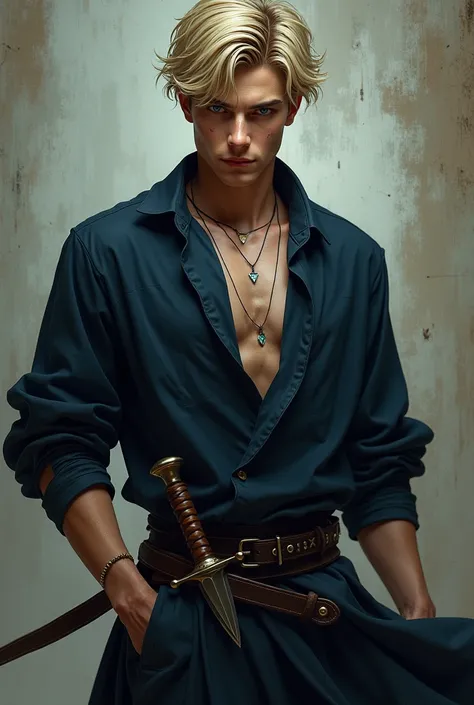 A guy of 19 years old blond slightly shabby short hair blue eyes fair skin snide impudent smile dressed in blue black caftan on his belt there is a dagger in a sheath thin but toned physique 