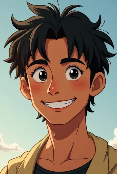 A man with black hair, a round face, black eyes, eyebrows, tanned skin due to the sun, white teeth, 19 years old, Shanab 
A slightly full and light face and a slight chin