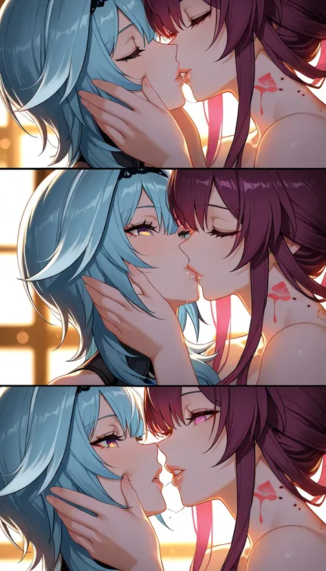 Eula , genshin impact, kafka, honkai star rail,hugging each other, extremely detailed faces, beautiful eyes, beautiful lips, long eyelashes, detailed facial features, masterpiece, best quality, 4k, 8k, highres, ultra-detailed, HDR, UHD, studio lighting, ul...