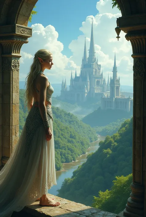 The mysterious elf galabrielle contemplating her magnificent kingdom of elves from her elven tower