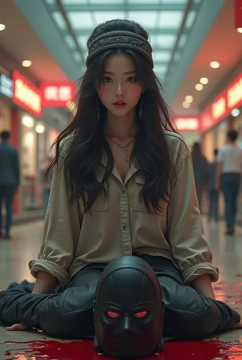 Hight quality, realistic, Very beautiful Korea girl, girl very thick hair, girl thick head band, girl walking in shopping center, male full face mask, male terrorist, male dies, girl just finished killing male, Male lay covered in blood