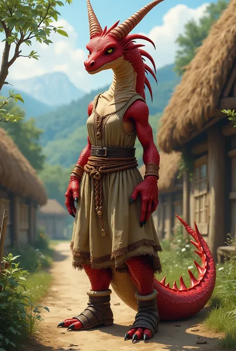 female humanoid red dragon in peasant clothing