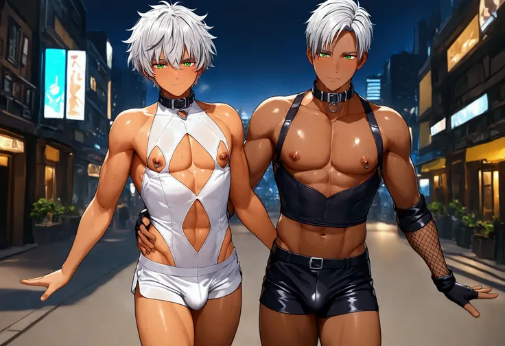 2boys, shine dark skin, handsome boy, symmetrical pose, peace sign, sweat, sci-fi, white sleeveless body suits, short pants, bulge, fingerless glove, fishnet arm covers, shoes, collar, navel cutout, nipples cutout, nipple rings, green eyes, city street, su...