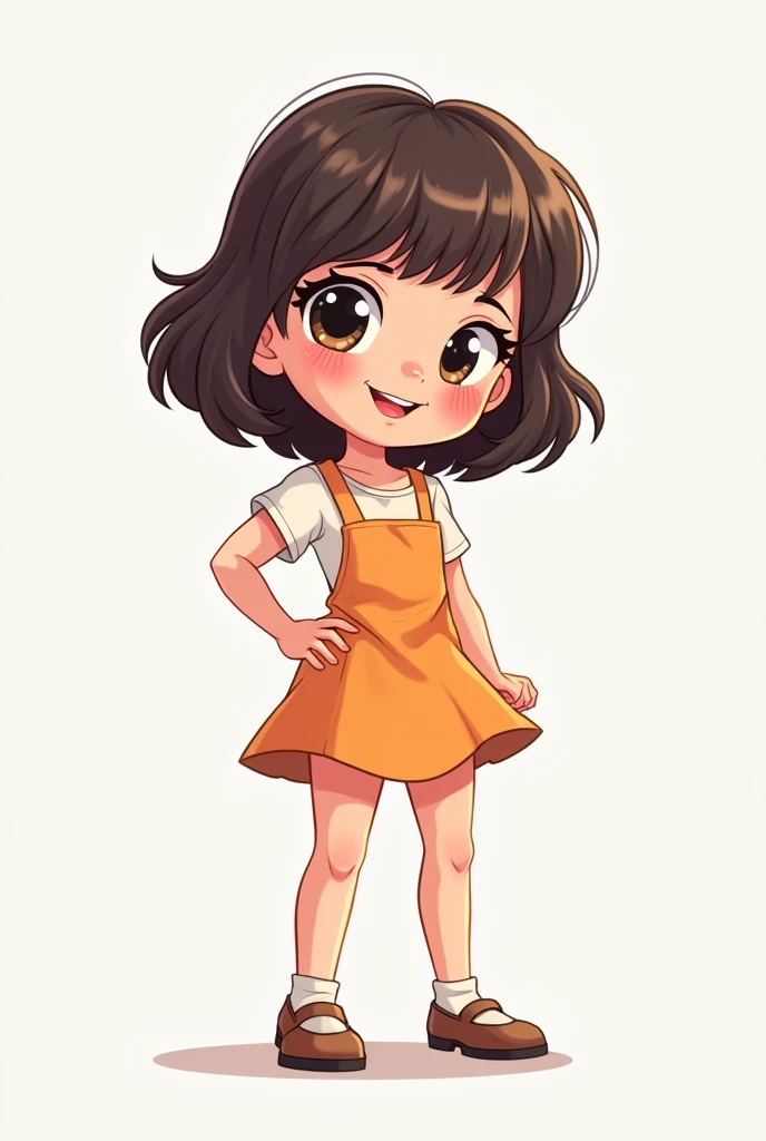 A cartoon girl standing wearing mini frock in which her bobs are visible.