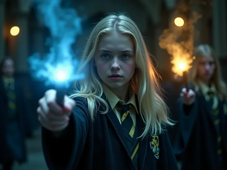 film, cinematografía, Fotor realistic , realism, throw,  High resolution,  we see a first-person truth .  We hold a wand that sheds a strong blue light as if it were a ray of water .  Blue light hits a yellow light that comes from a girls wand that we see ...