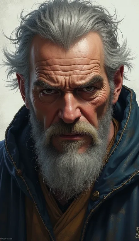 draw realistic portrait of wizard  with manly face and square-like jaw