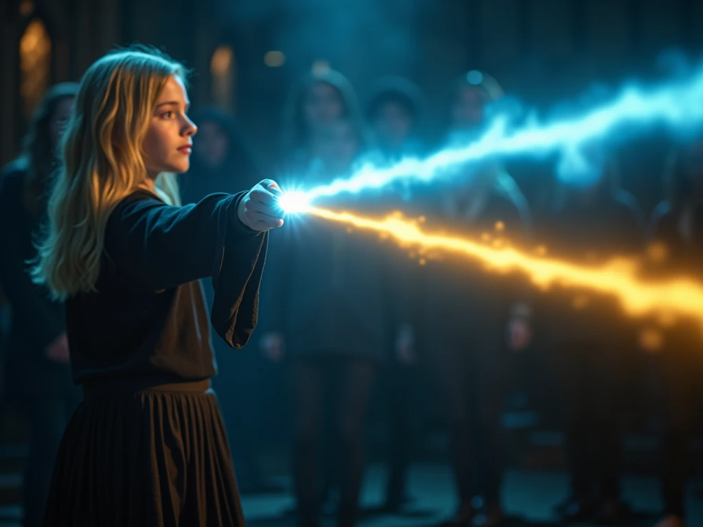 film, cinematografía, Fotor realistic , realism, throw,  High resolution,  we see a first-person truth .  We hold a wand that sheds a strong blue light as if it were a ray of water .  Blue light hits a yellow light that comes from a girls wand that we see ...