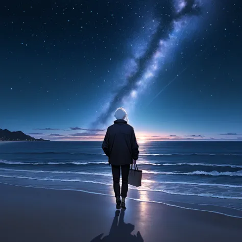  walking on the beach at night,A man with white hair and black tips , handsome, starry sky ,20th Generation, top quality , masterpiece, 