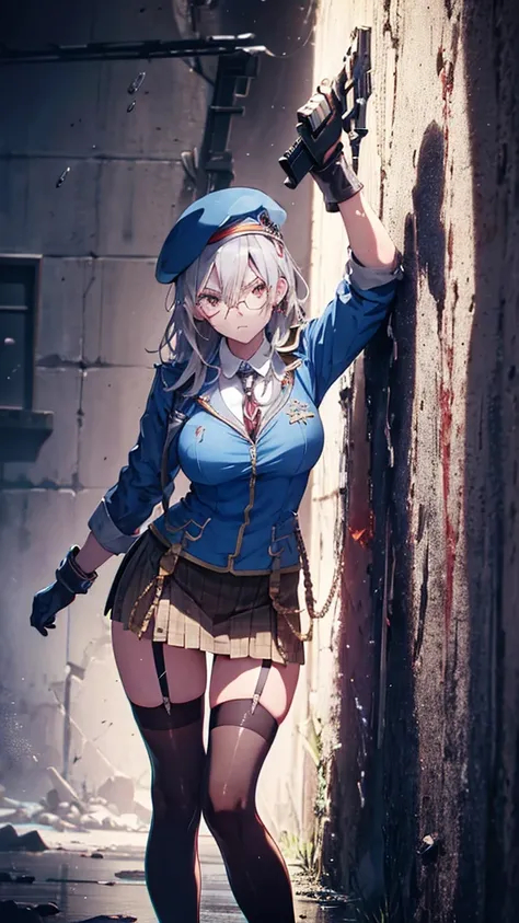 Silver Haired Girl,((Yuki Izumi))(( Big Breasts :0.6)), red glasses, Tactical Boots ,Futuristic gun,Rain environment, high image quality,8k, super detailed , surreal(()),masterpiece, cinematic lighting ,Dramatic lighting, Dramatic Poses,High definition fac...