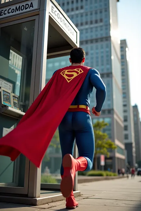  Superman,  is running to a phone booth but hes in Colombia and the phone booth is Colombian and hes in Bogota,  instead of a letter  "S" The Superman costume has a letter  "m"  and there is a building with a large text that says "ECOmODA"