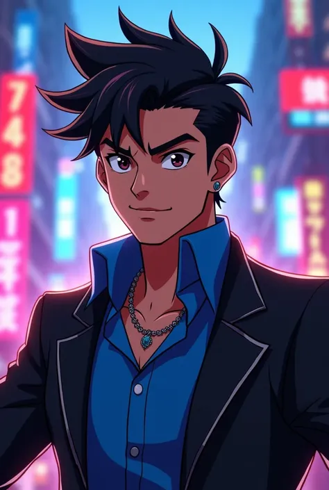 Create an anime-style animated Latin character with black hair, black jacket and blue shirt. 