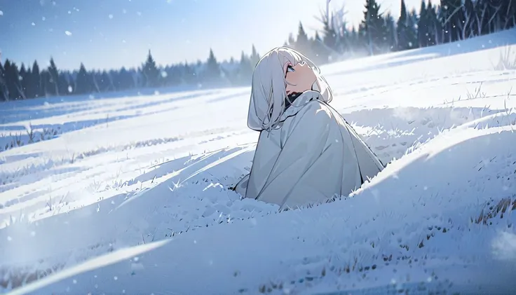 (((masterpiece, top quality ))),((Girl kneeling in a snowy field and looking up at the sky))